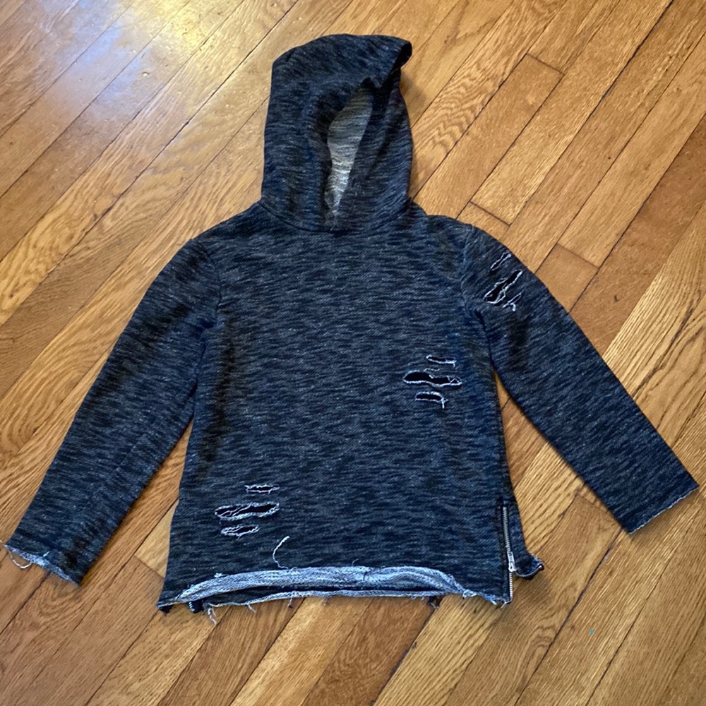 Ragland style, hoodie, with frayed and zipper details, size small (6/7)
